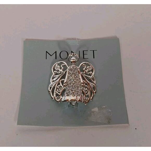 Vintage Monet Angel Brooch Rhinestone Silver Tone Pin - Picture 2 of 11